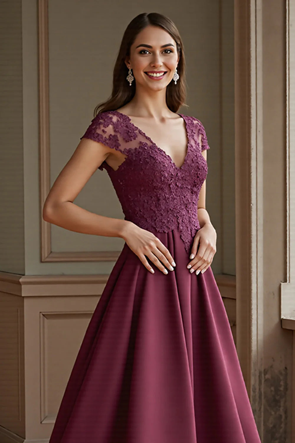 Lilac Satin A Line V-Neck Long Mother of the Bride Dress with Lace